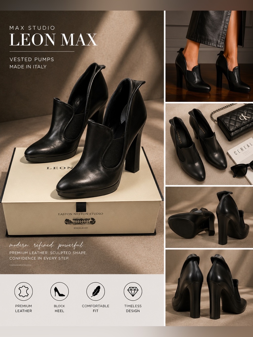 NWT Leon Max Black Leather Vested Pumps | Size 8.5 | $95